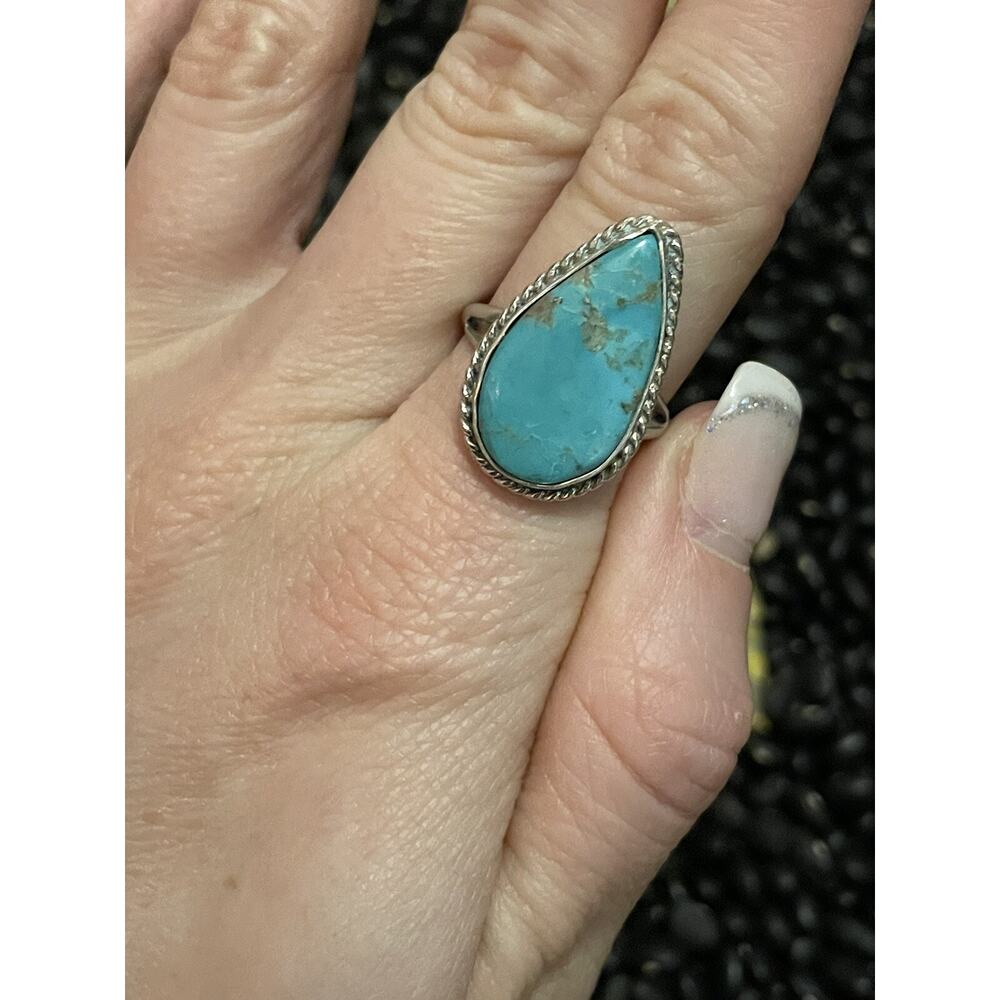 Southwest Sterling Silver Kenny Ray Signed Turquoise Ring~Teardrop Size 8